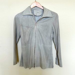 EUC di vita Grey Leather Suede Jacket with Dual Zipper and Metallic Shimmer
